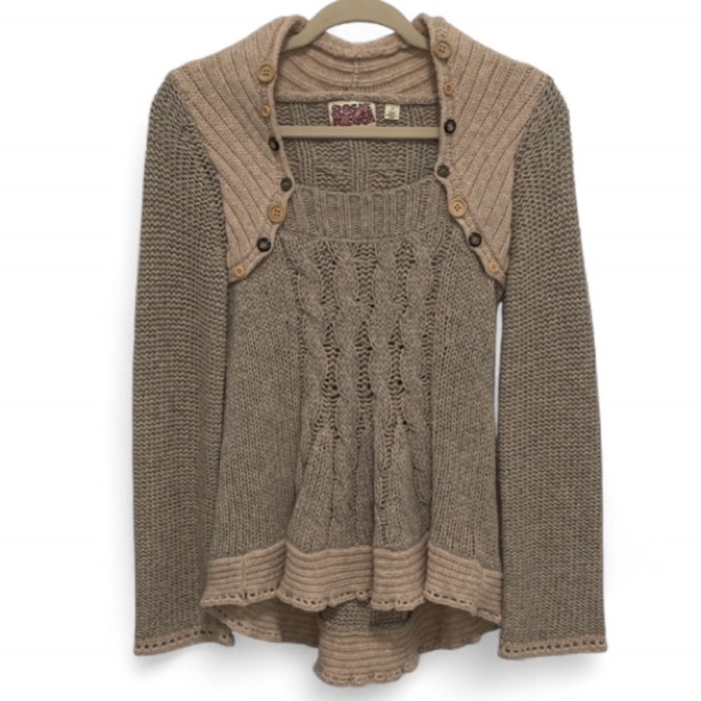 Anthropologie Beige/Taupe Cable-Knit Button-Accent Sweater